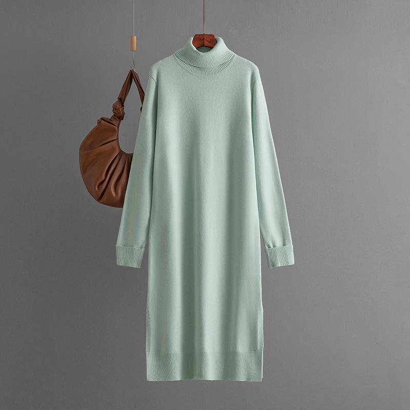 Women's Clothing, New Casual Solid Color Turtleneck Knitted Sweater Slit Primer Dress In Autumn and Winter
