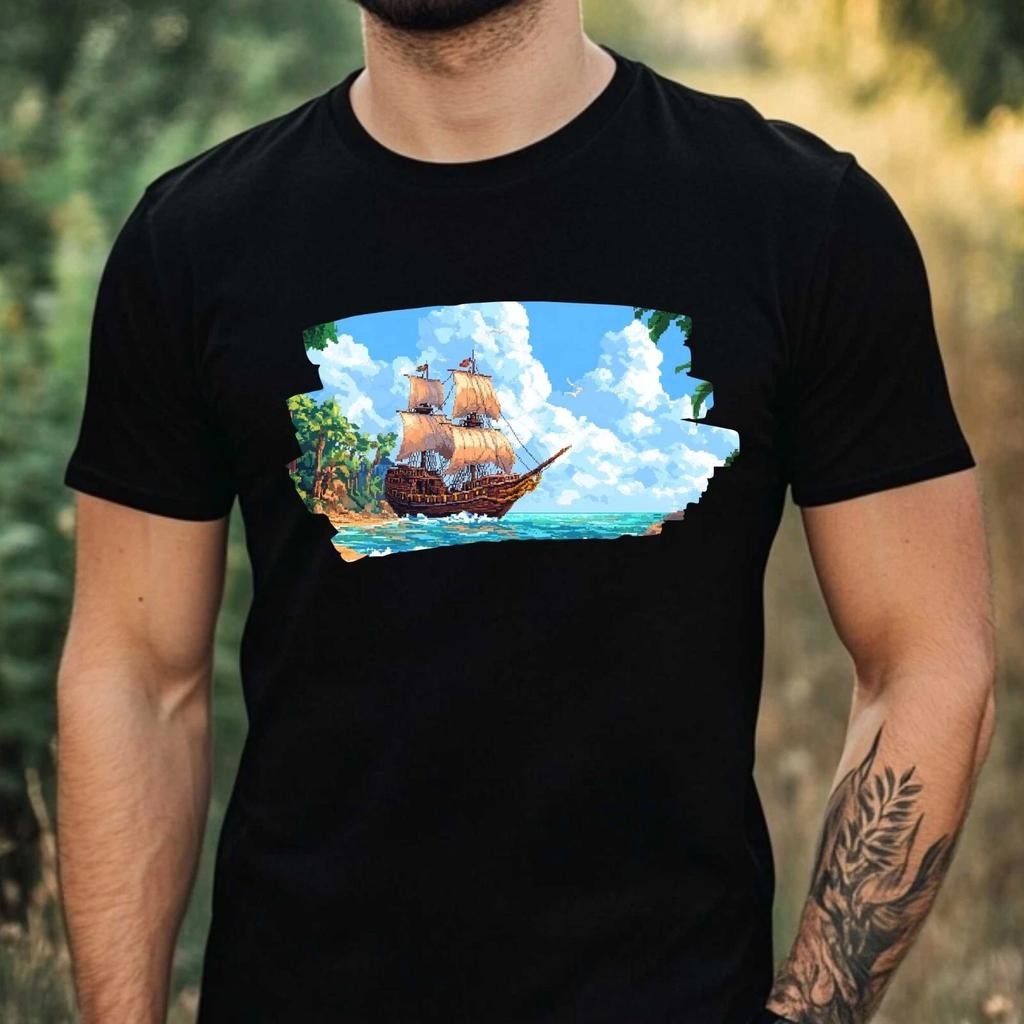 T-Shirt Herren Piratenschiff Pixel Art Motiv Baumwolle Größe XS bis 5XL