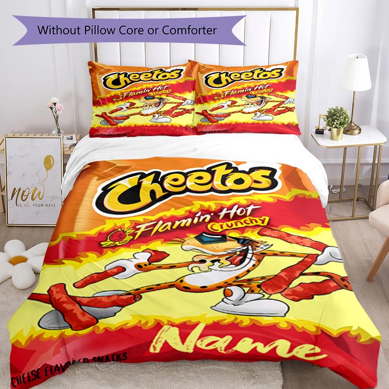 3pcs Custom Name Cheetos Bedding Set Duvet Cover Closure Includes 1 Duvet Cover & 2 Pillowcases, Soft and Comfortable for All Seasons.
