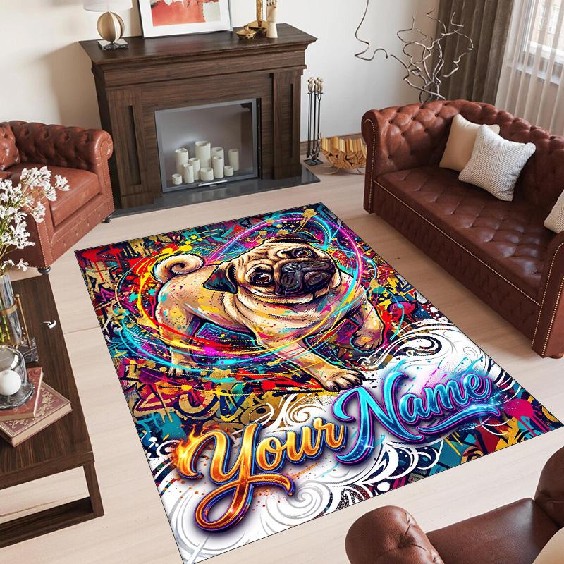 Pug Theme Crystal Velvet Floor Rug Personalized Custom Name Text Warm Carpet Home Decoration