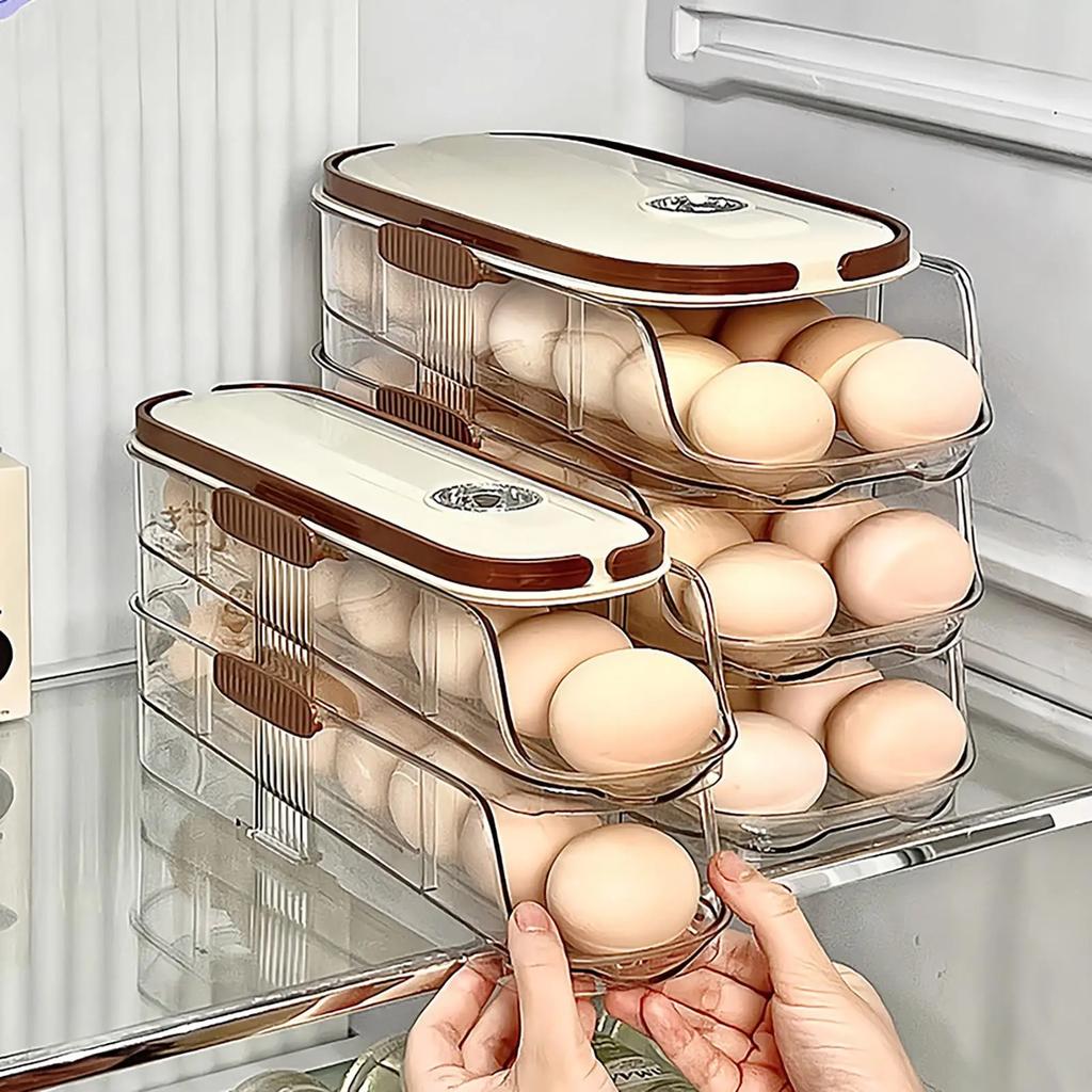 Egg Holder for Refrigerator Automatic Rolling, Storage Box Transparent Stackable Fridge Organizer with Lid For Kitchen DROPSHIP