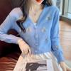 2023 Spring and Autumn V-neck Flower Embroidery Long Sleeved Knitted Shirt Women French Minority Short Soft Cardigan Sweater Top