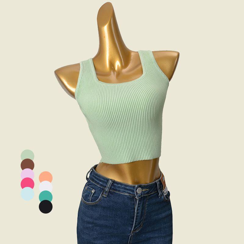 Foreign Trade Original Order Wide Edge Carved Thread Outwear Vest Fashion Style Square Collar Short Crop Top Pure Color Knitting Camisole