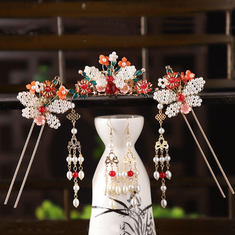 Жемчужный набор заколок для волос в китайском стиле, гребень для волос с цветком и бабочкой, ретро шпилька для волос Ханфу, инструмент для прически