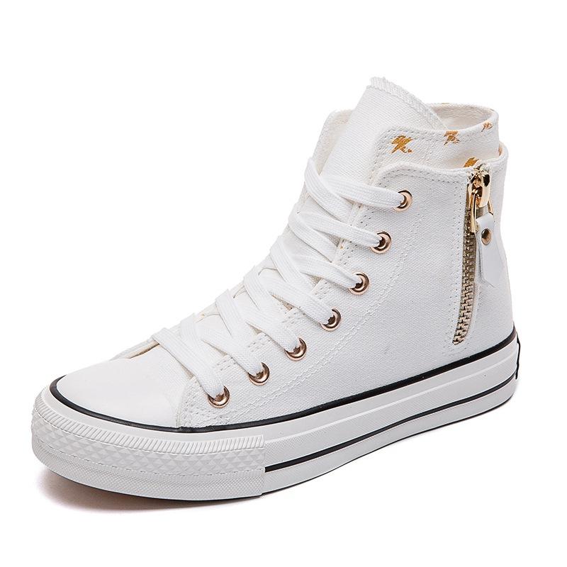 2025 Весна Лето Новые Холщовые Кеды Мид-Топ на Плоской Подошве с Ремешками Боковая Молния Женские Кроссовки Повседневная Обувь Студенческая Тканевая Обувь