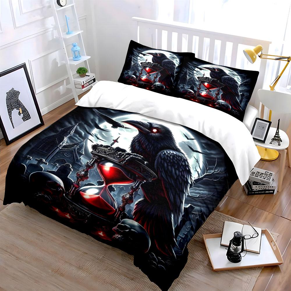 Dark Raven with Hourglass Scene Print Bedding Set 1 Duvet Cover 2 Pillowcases for Adult and Children Luxury Gift Full Size