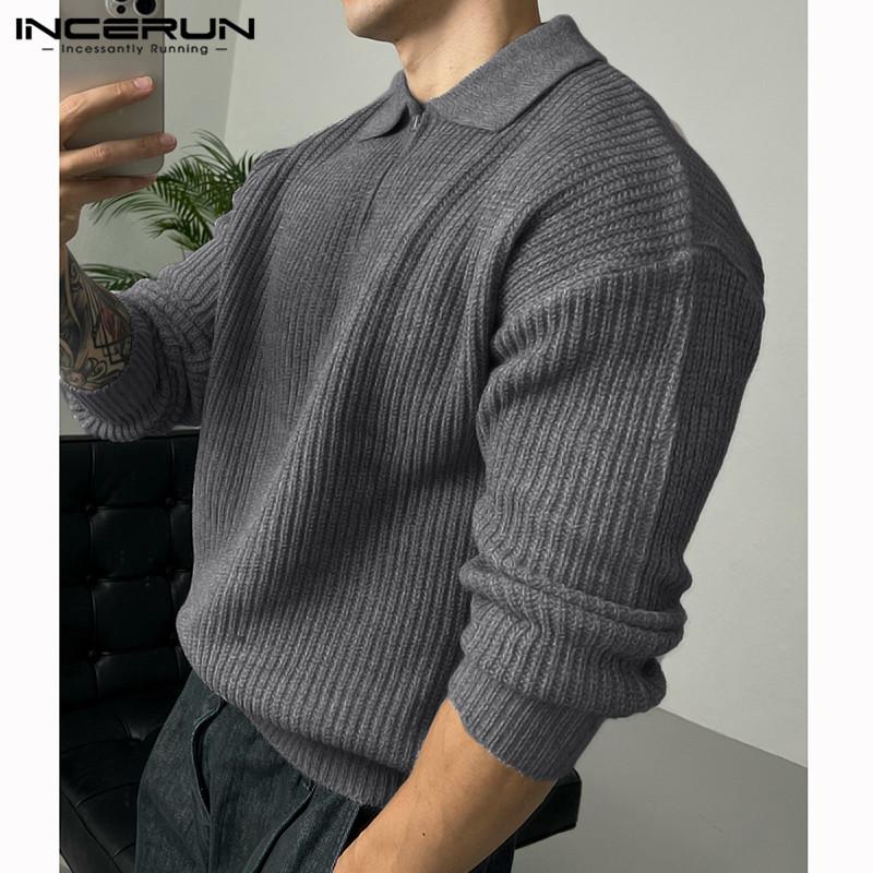 INCERUN Осенне-зимние мужские свободные свитера на молнии с воротником
