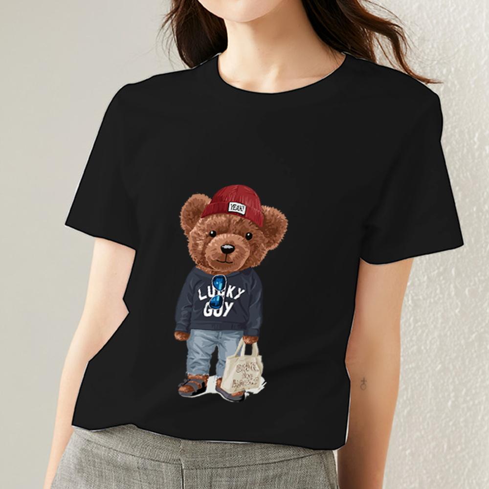 Летние женские футболки Kawaii с рисунком плюшевого мишки, женские топы, женские черные универсальные футболки с круглым вырезом и короткими рукавами, одежда