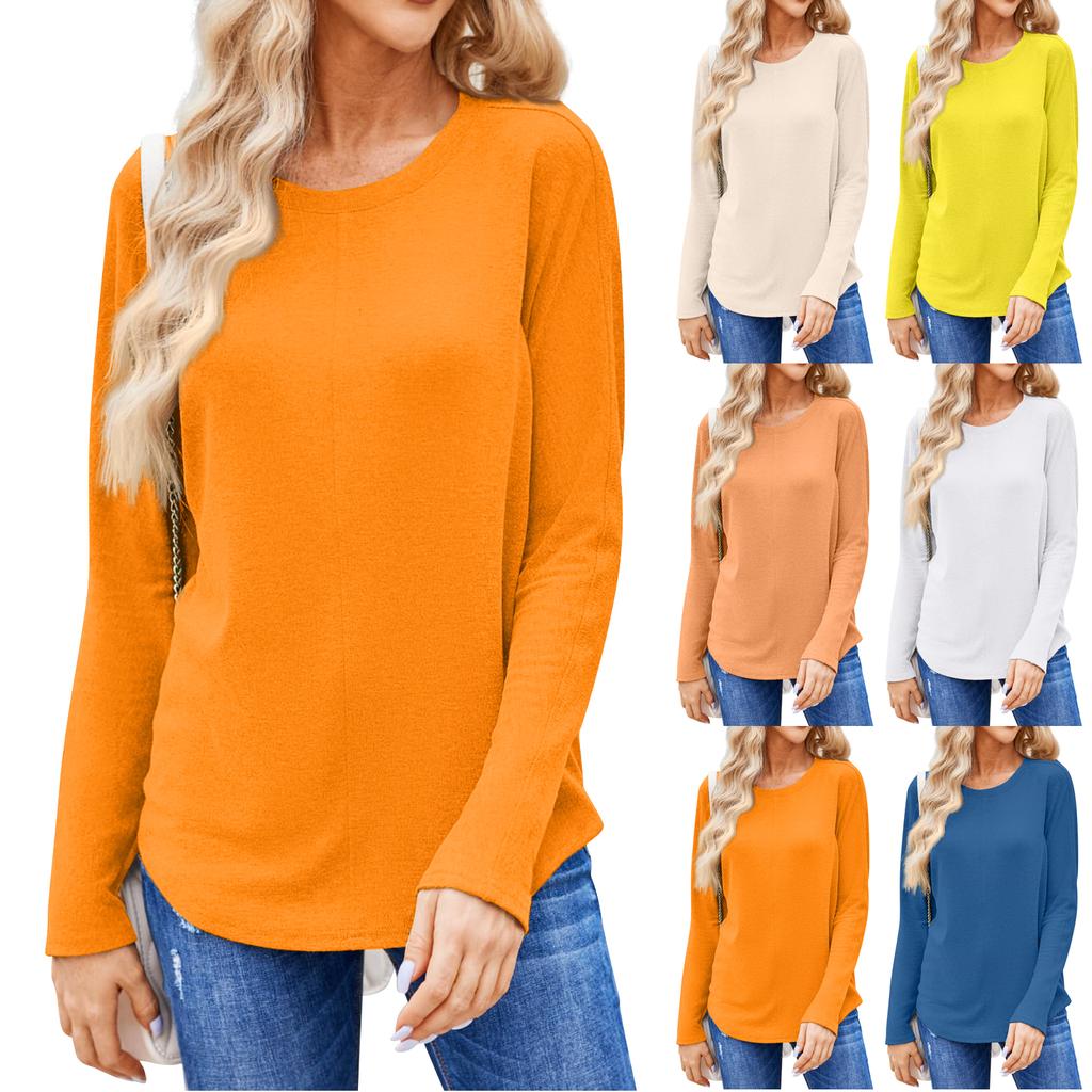 Women's Fashion Solid Color Round Neck Long Sleeve T-shirt Casual Autumn Tops
