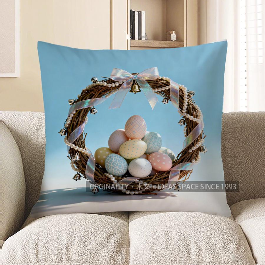 2D Wreath With Decorated Eggs Throw Pillow Pattern Cushion Cover Suitable For Sofa Bedroom Car Pillow Cover
