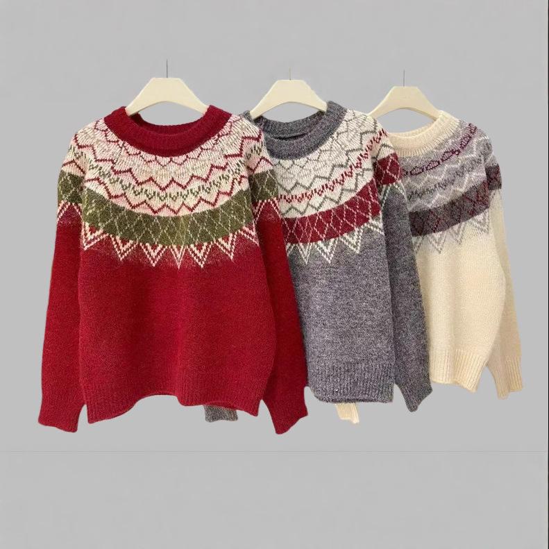 Рождественский вязаный свитер в стиле Fair Isle с жаккардовым узором, мягкая восковая плюшевая атмосфера, женский свободный тип