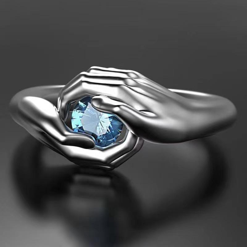 New European Style Fashionable Hands Hugging Sapphire Ring Inlaid with Gemstone Jewelry