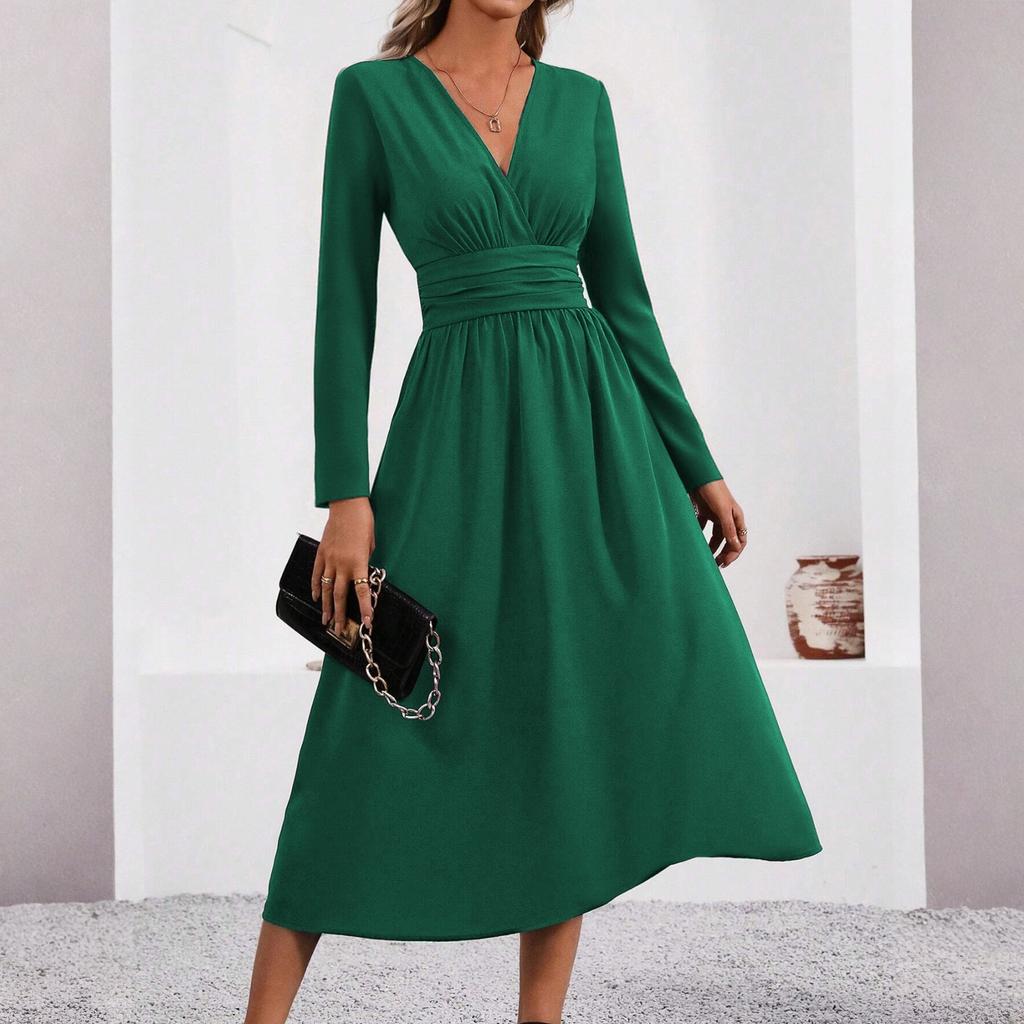 Женское модное однотонное платье с V-образным вырезом, длинными рукавами и плиссировкой