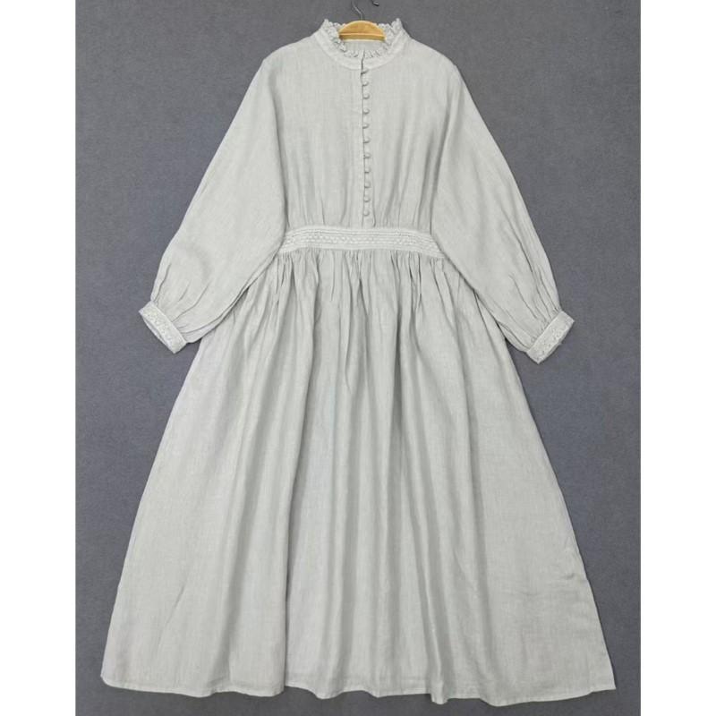 Johnature Весеннее платье с длинным рукавом, японский воротник-стойка, отделка «деревянное ушко», однотонное, винтажное, свободного кроя, женское