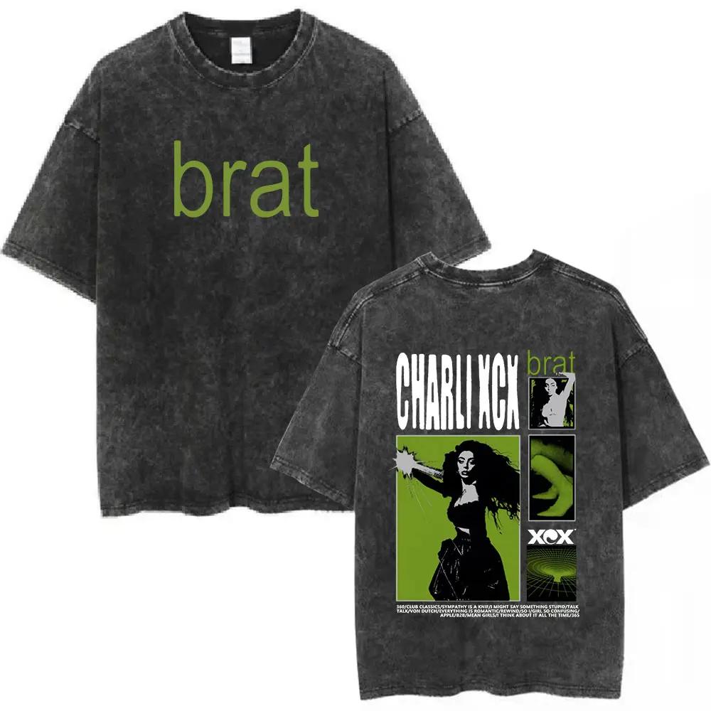Charli Xcx Brat  Arena Tour Washed T Shirts Men Women Fashion Pop Music Tshirts Cotton Vintage Tshirt Oversized Streetwear