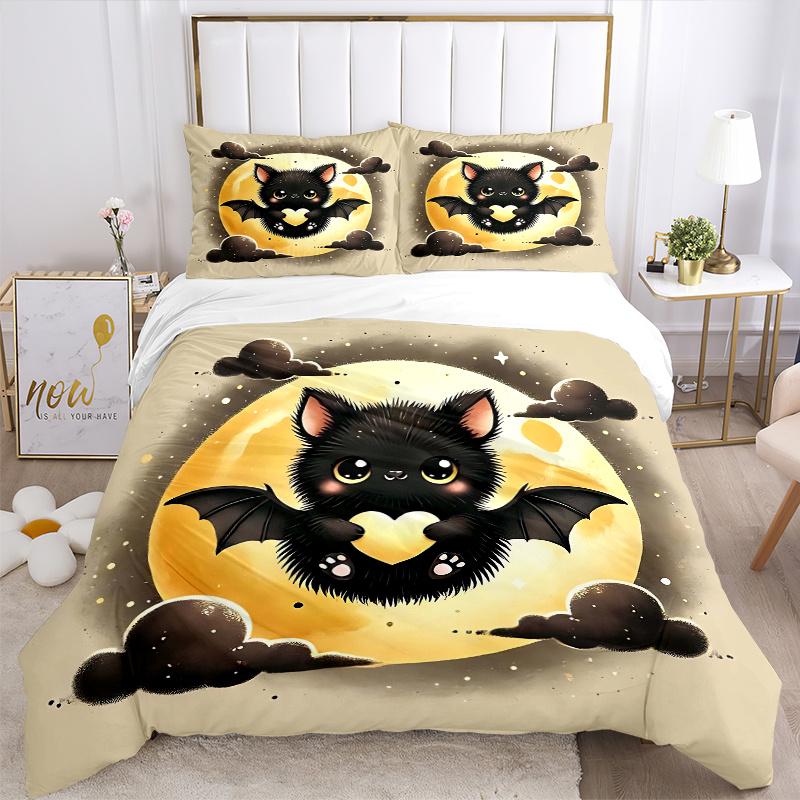 3pcs Bat Cute Cartoon Design Printed Quilt Set - Includes 1 Quilt Cover and 2 Pillowcases, Machine Washable - Suitable for All Seasons.N003
