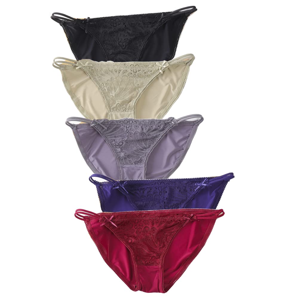 HELLONICE Lace Plain Sexy Panties with Floral Lace and Cute and Set of 5 Women's Panties, Lingerie, T-Back Ribbons, Non-Digging,