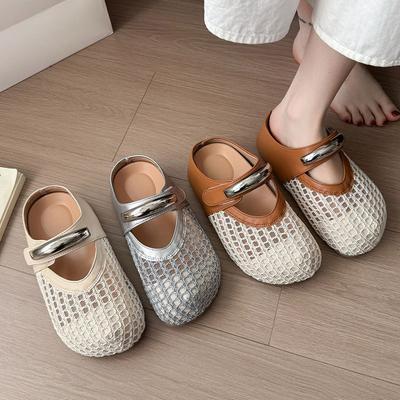 2025 лето новые шлепанцы женские ретро пряжка с рыболовной сеткой взрывная обувь корейская версия полые дышащие сандалии на плоской подошве