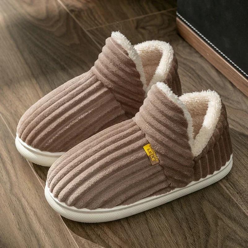 Fashion Winter Couple Style Concise Solid Color Wrap Heels Plush Slippers Non-slip Warm Flip Flops Women Men Home Casual Cotton Shoes
