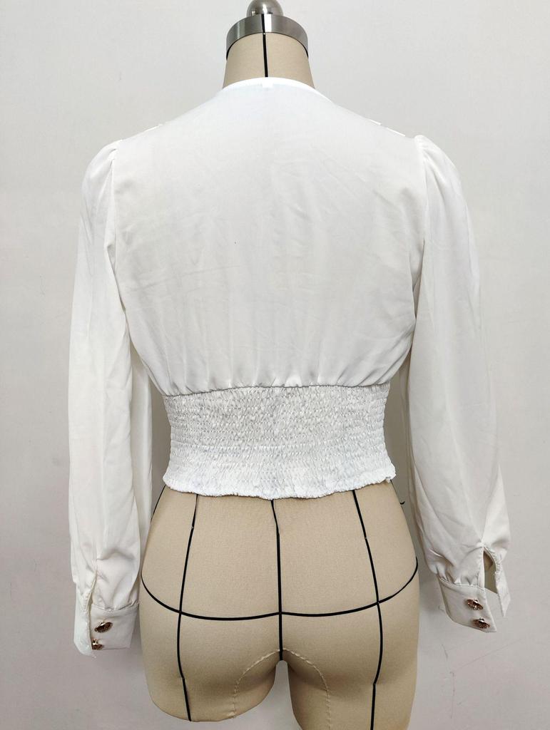 Женская сексуальная рубашка с V-образным вырезом, длинными рукавами-буфами, однотонная, короткая