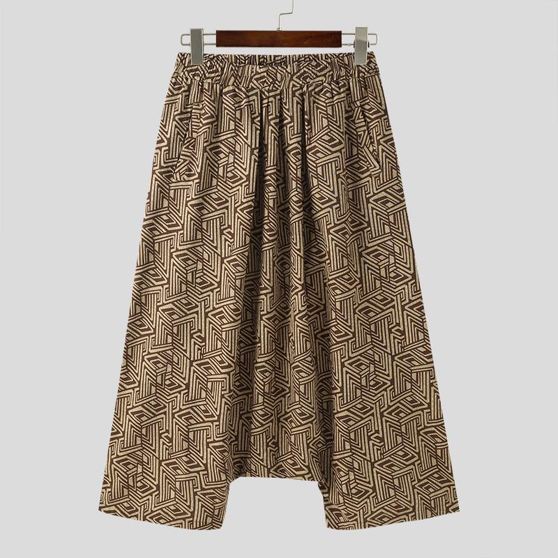 INCERUN Men Solid Color Drop Crotch Printed Wide Leg Pants Trousers