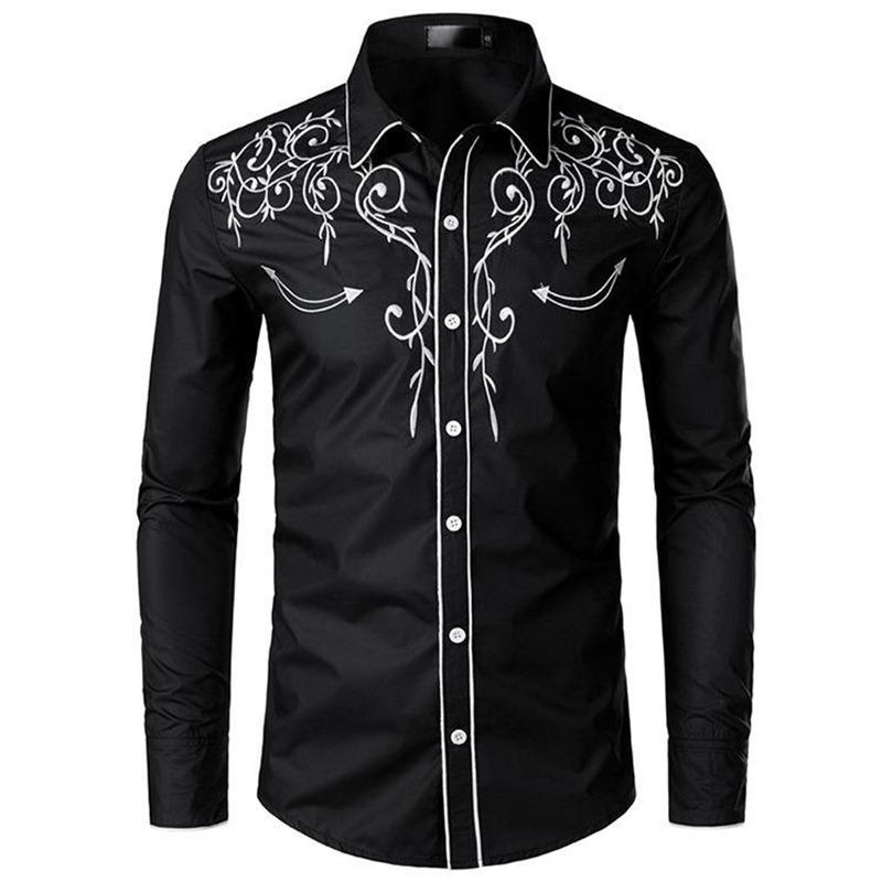 Mens Western Cowboy Shirt Long Sleeve Retro Embroidery Casual Buttons Down Shirt