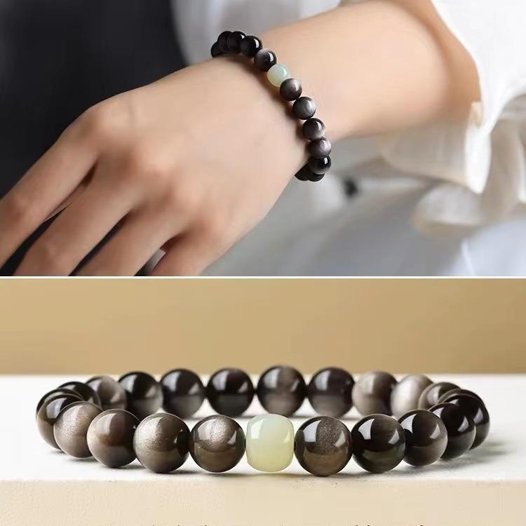 Браслет из натурального обсидиана, серебряный браслет из обсидиана для женщин и мужчин, черный кристалл, черно-серебряный обсидиан, браслет с бусиной Будды из нефрита Хэтянь