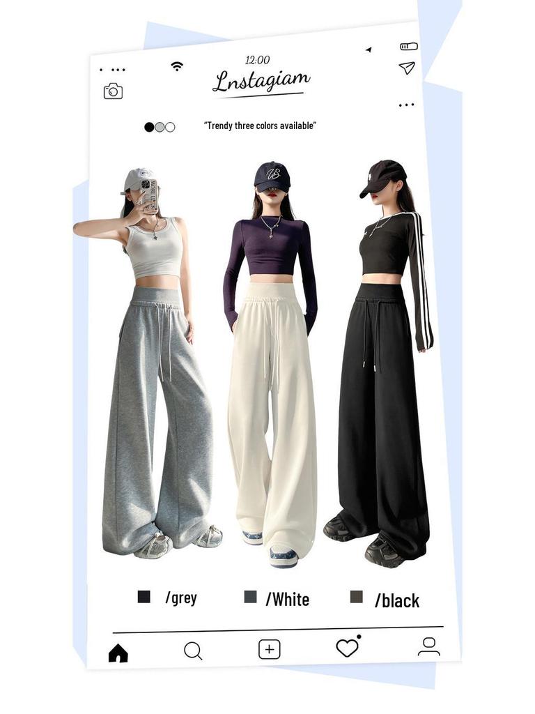 Женские серые широкие спортивные штаны в американском стиле: Весенняя коллекция 2025 года, Свободные повседневные прямые брюки с высокой посадкой, Длина в пол.