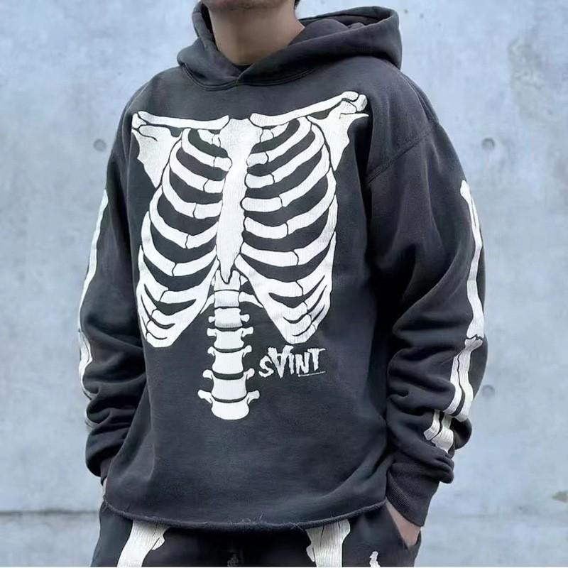 Mens Fleece Hoodie American Style Skull Print Casual Winter Sweatshirt Streetwear