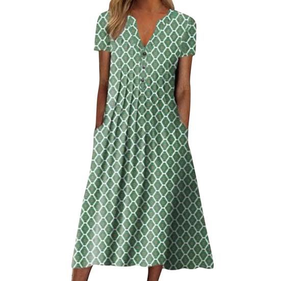 Длинное платье-футболка А-силуэта для женщин, застегивающееся на пуговицы, с V-образным вырезом и коротким рукавом, летнее повседневное пляжное платье-сарафан с принтом