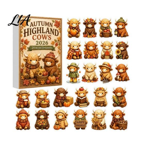 Transparent Acrylic Craft Decor 2026 Highland Cow Advent Calendar, 24 Day Christmas Countdown Calendar with 2D Collectible Mini Ornaments, Cute