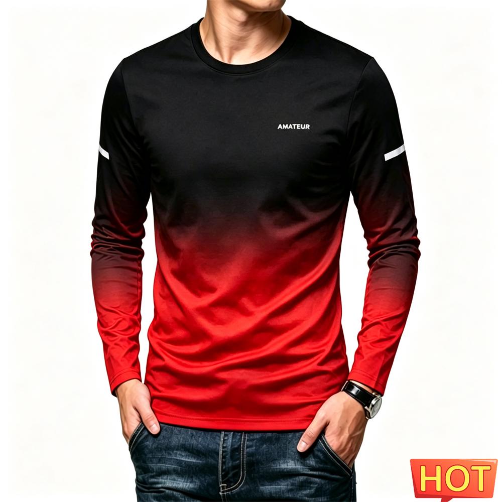 Fashion Letter Gradient Print Men's T Shirt Outdoor Run Fitness Sports Top Autumn Casual O-neck Long Sleeve T-shirt Men Clothing
