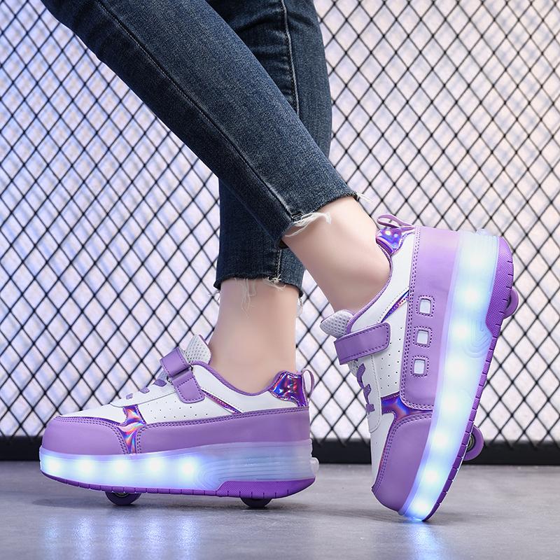 Детские светящиеся спортивные туфли, резиновые туфли, твердые волшебные патчи, зарядные устройства, двухрядные скользящие туфли с колесами