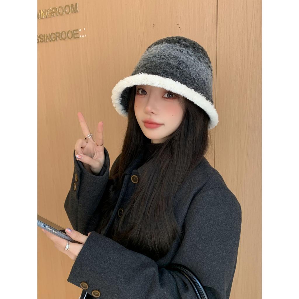 Шапка женская с постепенным изменением цвета, имитация ягненка, панама, допаминовая зимняя теплая плюшевая шапка-тазик