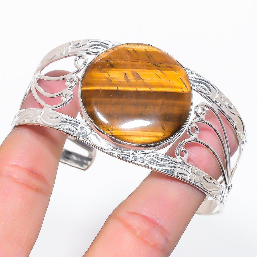 Браслет-манжета из стерлингового серебра 925 пробы с камнем Тигровый глаз, регулируемый