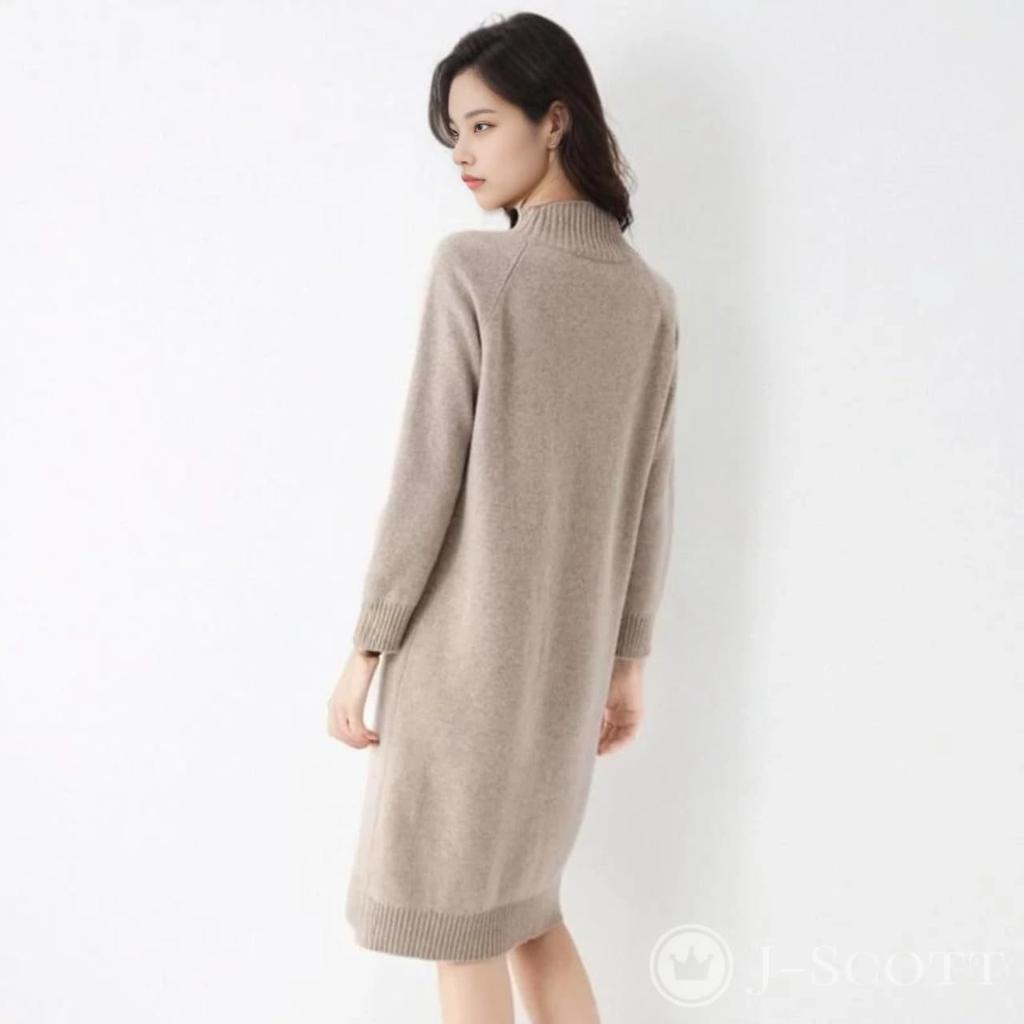 J-Scott Women's Knit Dress, Knee-Length, Long Sleeves, Solid Color, Mock Neck, Ribbed I-Line, Simple, Soft, Beige, JS22-BG-S