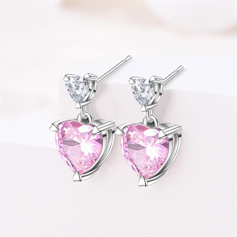 100% 925 Silver Romantic Pink Bow Earrings Sparkling Heart-Shaped Zircon Ear Studs For Women Wedding Engagement Jewelry