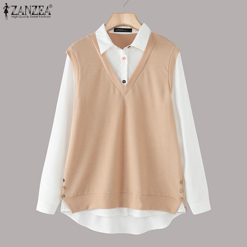 ZANZEA Женские винтажные поддельные рубашки-двойки с длинным рукавом контрастного цвета