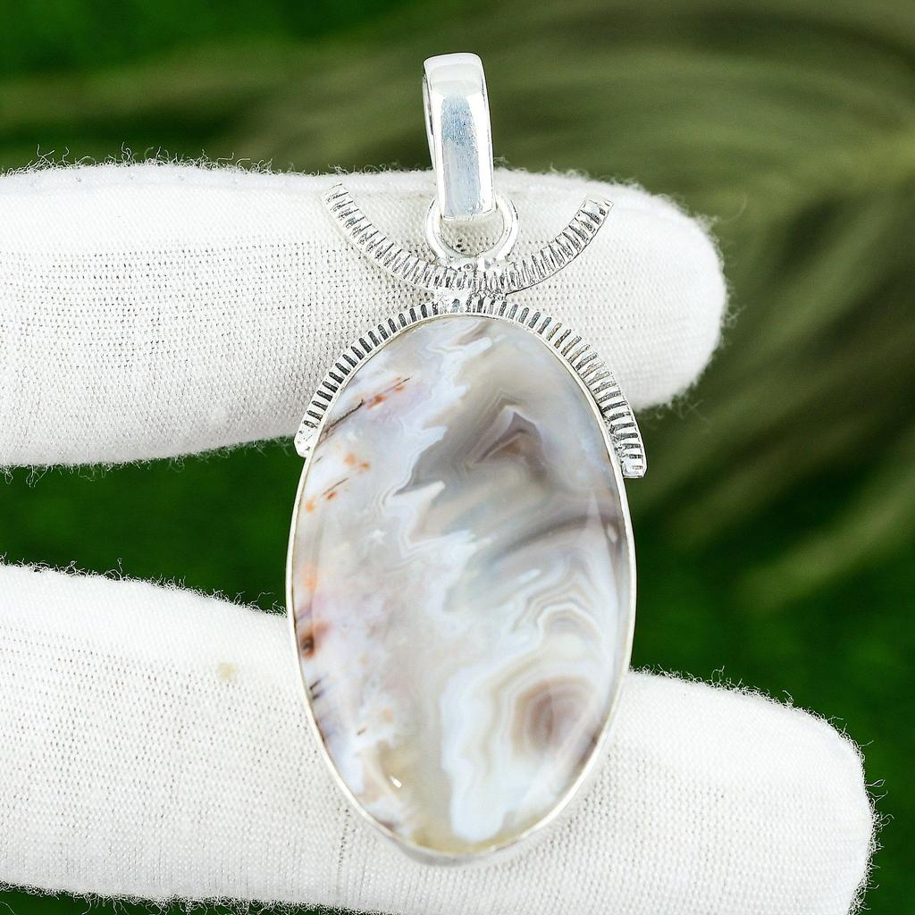 925 Sterling Silver Natural Mexican Laguna Lace Agate Engagement Pendant Jewelry