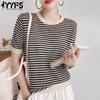 Женская мода на лето и весну, повседневные футболки и топы с круглым вырезом с короткими рукавами и принтом в полоску