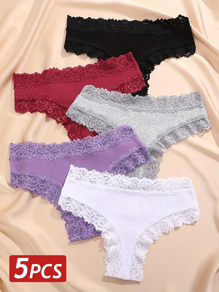 5PCS/Set Women Cotton Panties Sexy Lace Brazilian Panties Low Waist Elastic Thongs Female Comfortable Underwear Solid Color S-XL