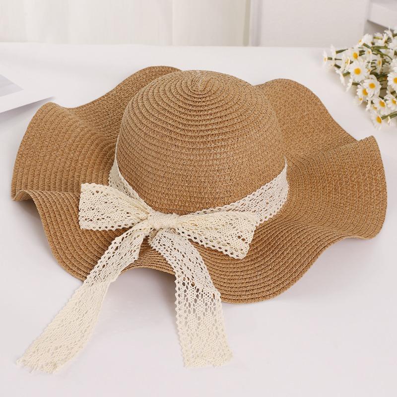 Летняя шляпа из соломы с волнистыми краями, с бантом и лентами, для приморской прогулки, идиллическая, солнцезащитная, защита от УФ-лучей, шляпа от солнца