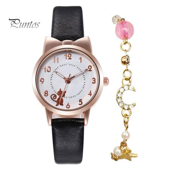 1 комплект, женские часы, браслет со звездой и луной, мультяшный кот, бант, круглый ремешок из искусственной кожи, точные кварцевые наручные часы для девочек и студентов, модные украшения на день рождения