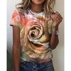 Топ с круглым вырезом и 3D-принтом цветов, модные повседневные женские футболки с коротким рукавом - Мягкая полиэстеровая ткань средней эластичности, летняя одежда свободного кроя
