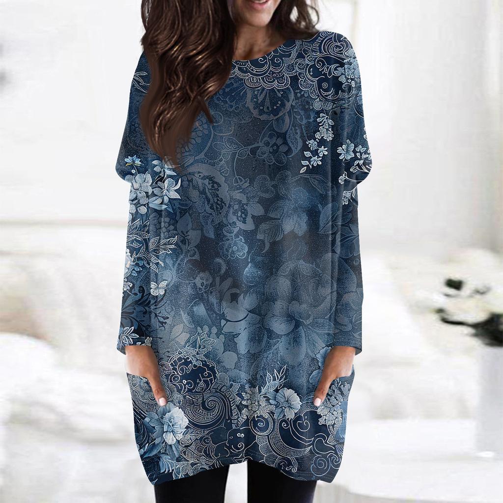 Women's Fashion Casual Long Sleeve Print Round Neck Double Pocket T-Shirt Top