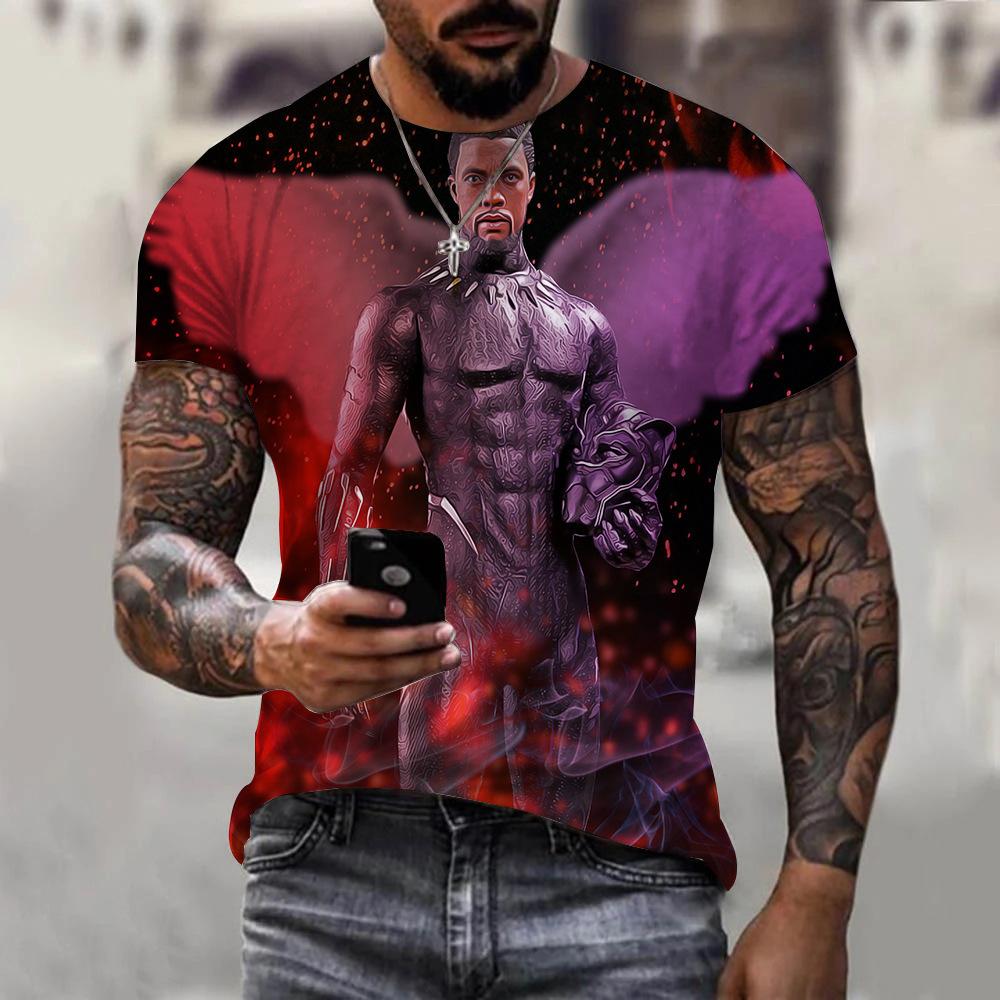 Round Neck 3D Marvel Black Panther Printed Casual Short Sleeved Men's T-shirts - Soft Medium Stretch Polyester Fabric Summer Relaxed Fit Clothing