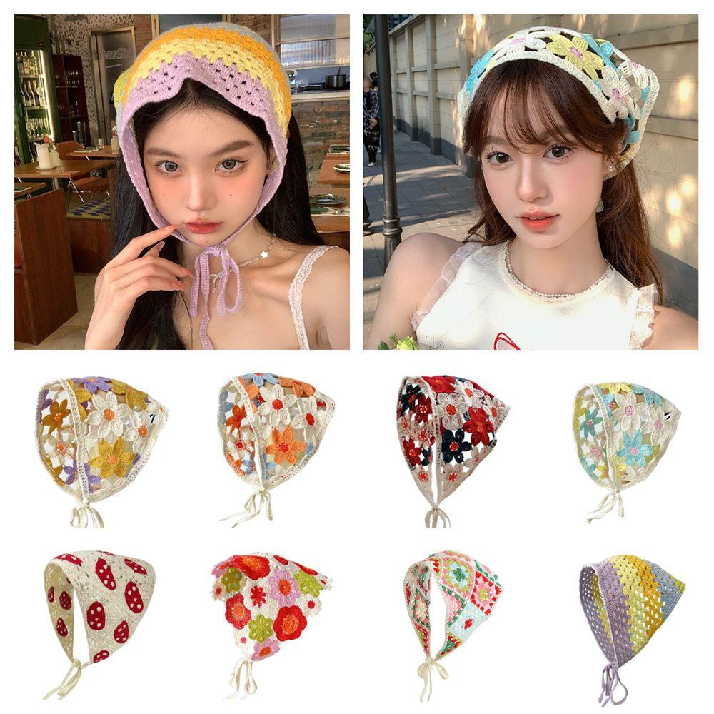 Little Daisy Crochet Triangle Headscarf French Retro Triangular Turban Scarf  Women Girls