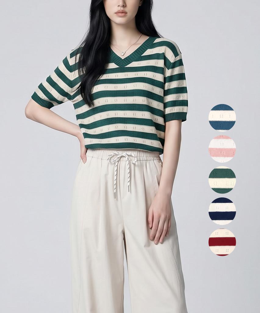 KIM YOUNG JOO GOLF Summer V-Neck Contrast Perforated Women'S Short Sleeve Knit Tee Dqmlnt41