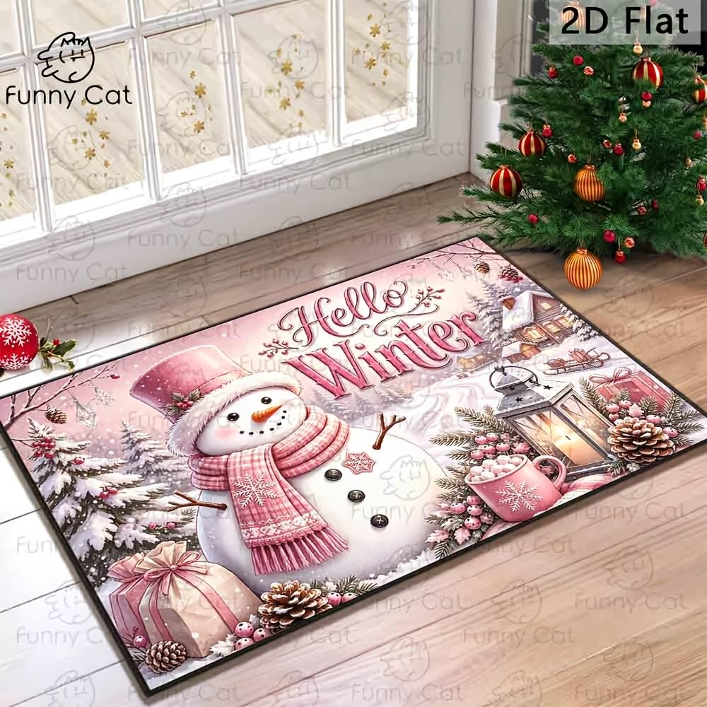 1pc Funny Winter Snowman & Pine Cone Doormat - Pink Snowy Cabin Lantern Rug Suitable for Indoor/Outdoor Entry, Machine Washable Backing, Rustic Farmho