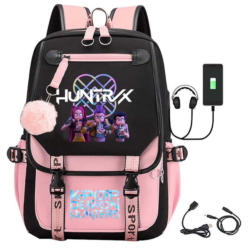 Movie Peripheral Print Backpack, School Bag Student Campus With Plush Ball Backpack With USB Port